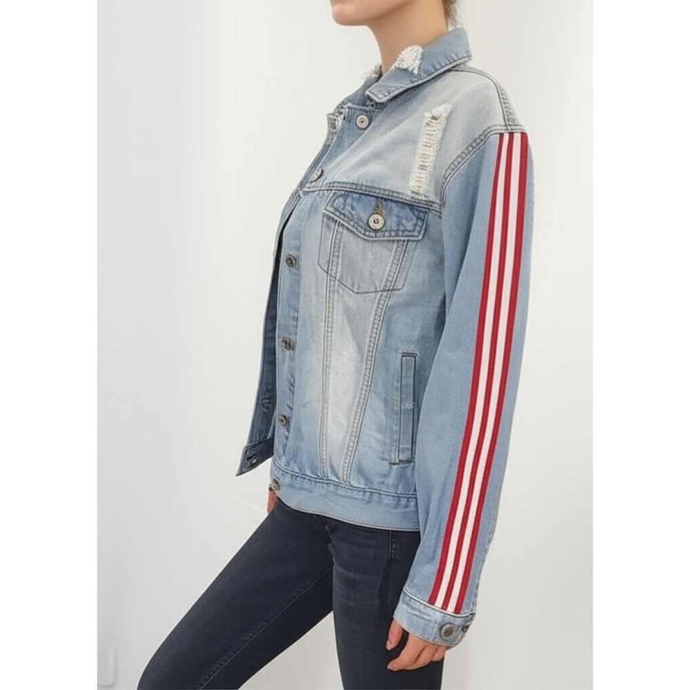 KanCan Womens Denim Jacket M Light Blue Distressed Striped Streetwear - Picture 3 of 10